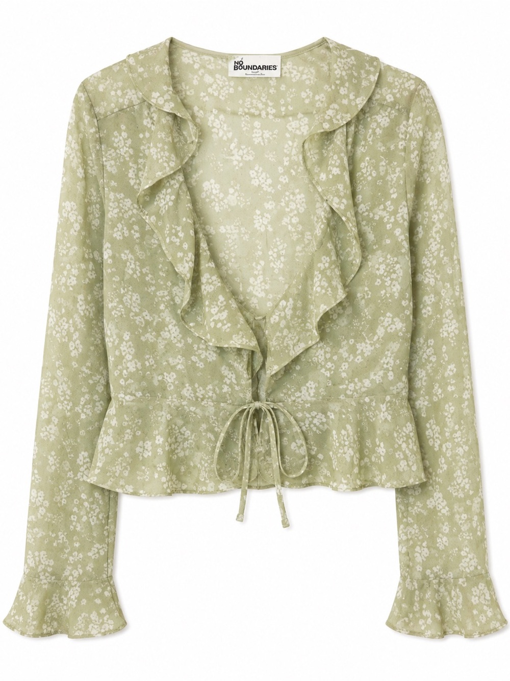 No Boundaries Sage Green Floral Ruffle Tie-Front Blouse
